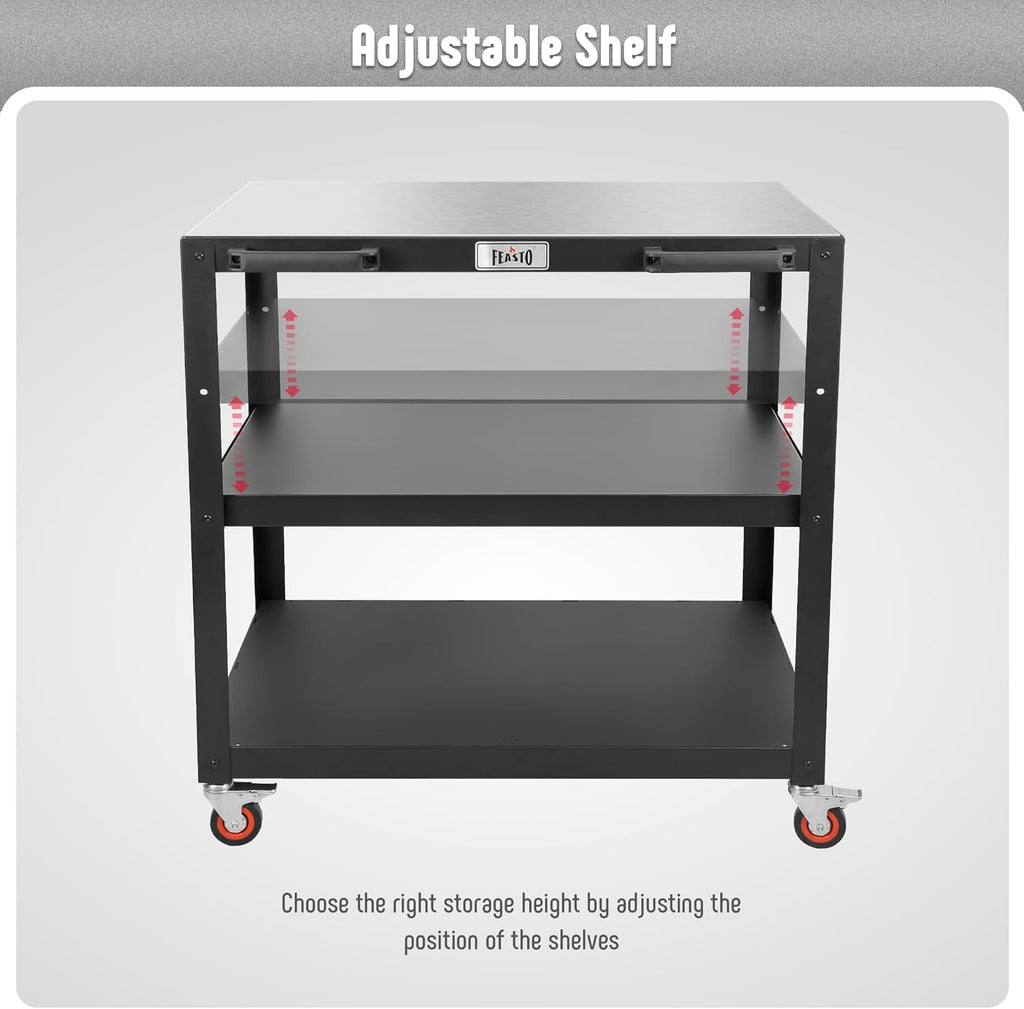 36''x 24'' Large Movable Pizza Oven Table for Outdoor, 304 Stainless Steel Grill Cart with Wheels, 3-Shelf Outdoor Kitchen Prep Table Pizza Oven Stand on Wheels for Pizza Oven& Griddle