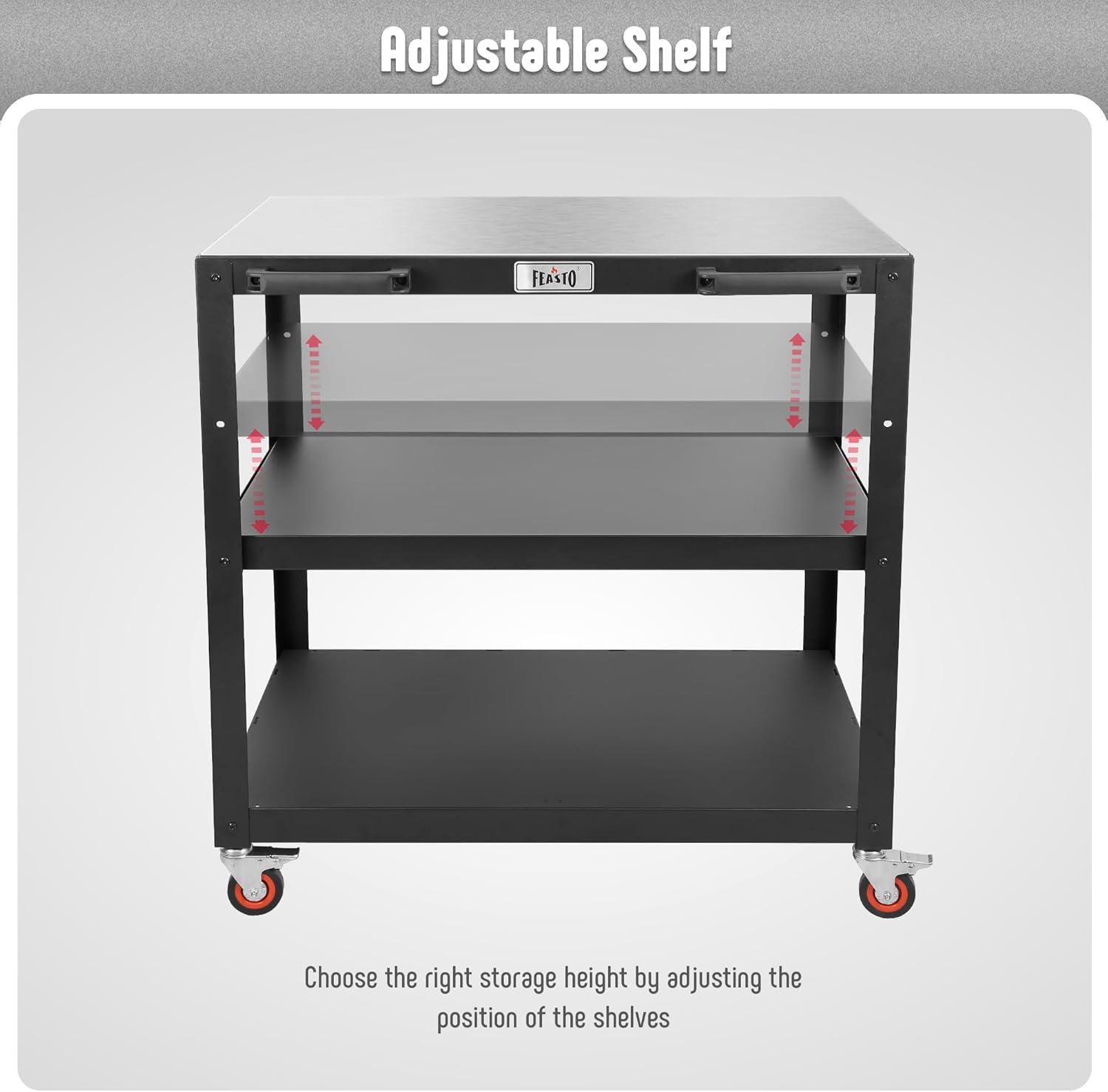 36''x 24'' Large Movable Pizza Oven Table for Outdoor, 304 Stainless Steel Grill Cart with Wheels, 3-Shelf Outdoor Kitchen Prep Table Pizza Oven Stand on Wheels for Pizza Oven& Griddle