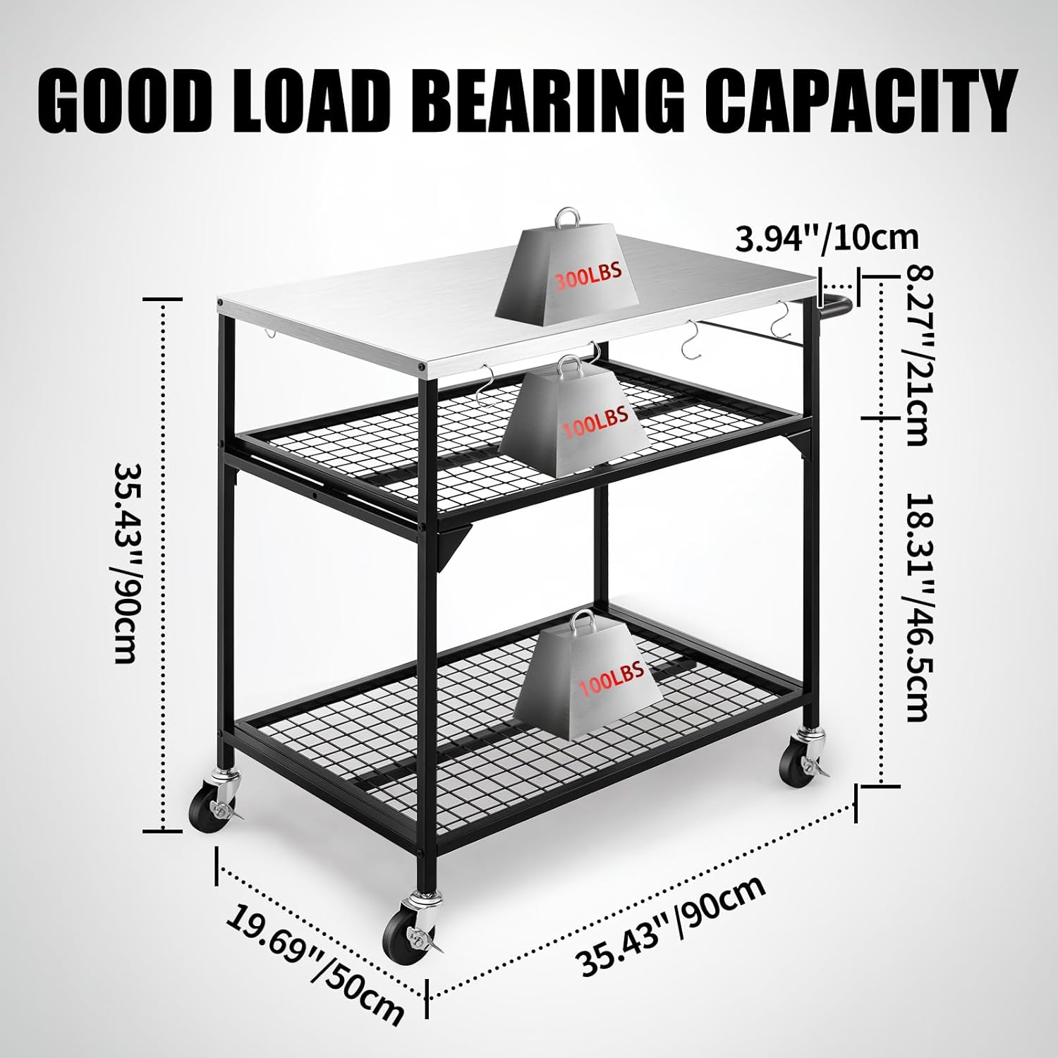 3-Shelf Outdoor Grill Table, Pizza Oven Tables with Waterproof Cover, Movable Dining Cart, Trolley Table with Wheels, Outdoor Kitchen Cooking Prep BBQ Cart for Home Party, Bar,Camping