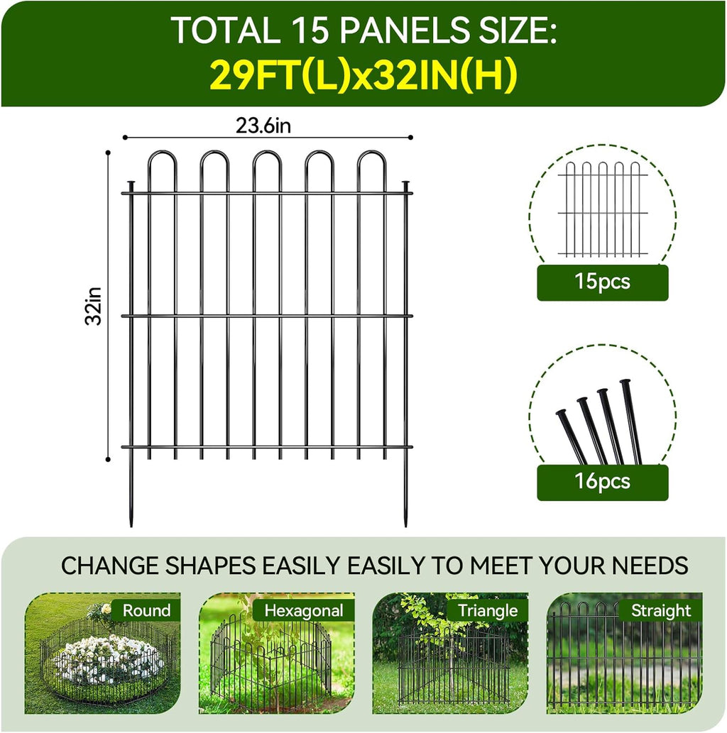 15 Panels Decorative Garden Fence, 32ft X 32in Rustproof Metal Animal Barrier Fence, No Dig Fence Garden Fence, Arched Flower Bed Edging Ornamental Wire Border Fencing for Outdoor Yard, Patio Decor