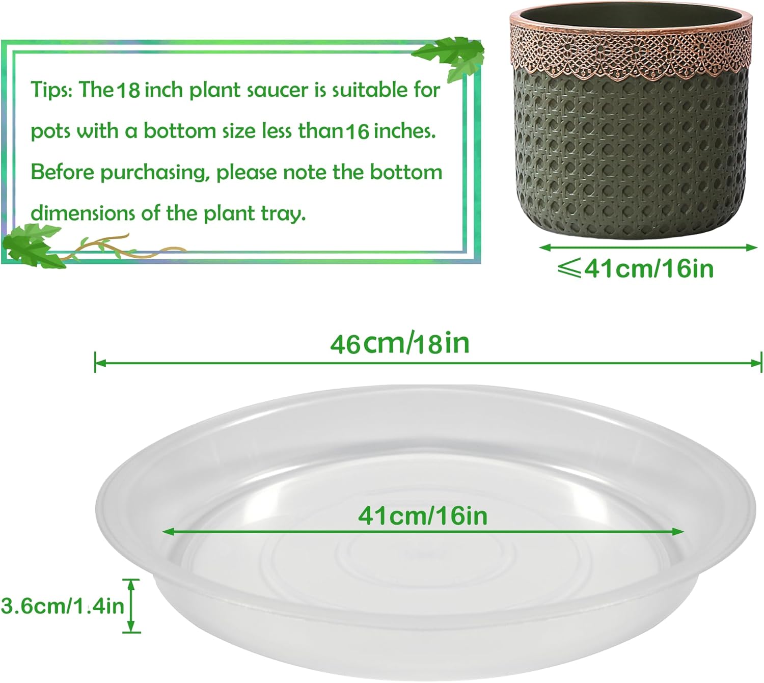 8 Pack 18 Inch Round Plant Saucers for Less 16 Inch Pot Indoors Outdoors Plant Trays for Pots Planter Saucer Plastic Plant Drip Tray Flower Planter Water Tray for Potted Plants(Clear, 18"(8pcs))