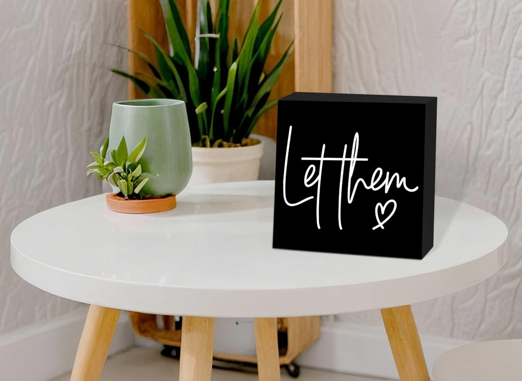 Let Them Wooden Sign, Black Office Decorations for Work, Let Them Mental Health Rustic Wood Box Signs 5x5 Inch, Desk Shelf Tabletop Decor for Home Cubicle Decor, Office Gifts for Coworkers Women, 21