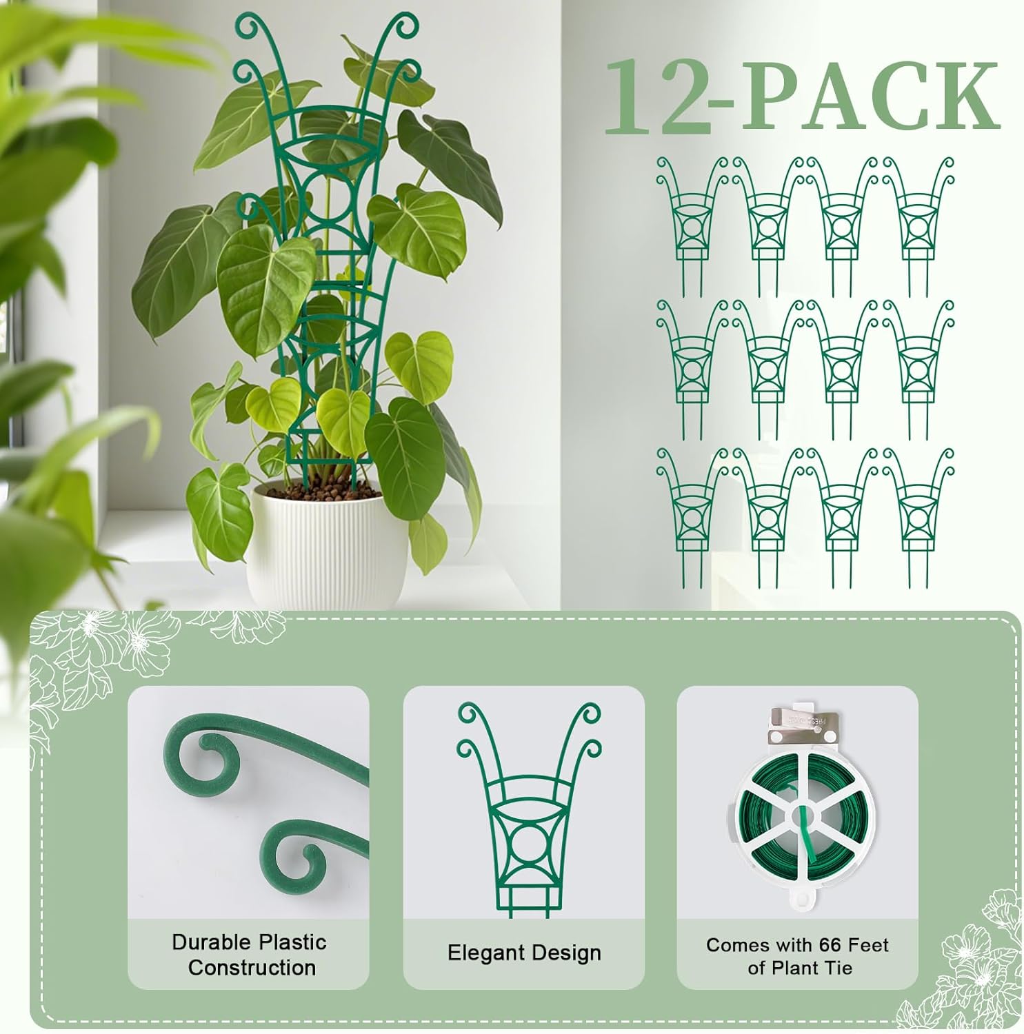 12 Pack Stackable Plant Trellis for Potted Plants, Garden Trellis Supports Peas, Ivy & Flowering Vines, Plastic Climbing Plant Support (Green)