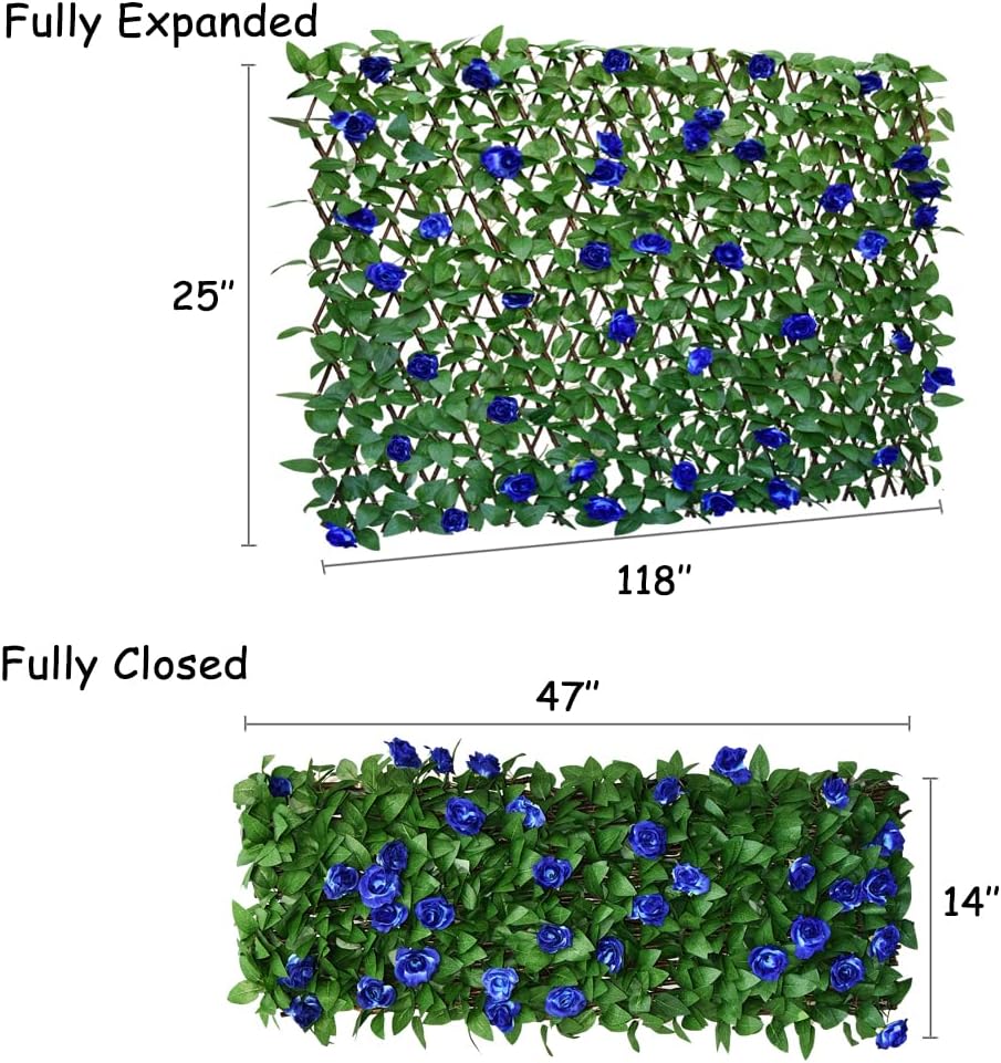 Expandable Fence Privacy Screen for Balcony Patio Outdoor,Decorative Faux Ivy Fencing Panel,Artificial Hedges (Single Sided Leaves) (1, Blue Flowers)