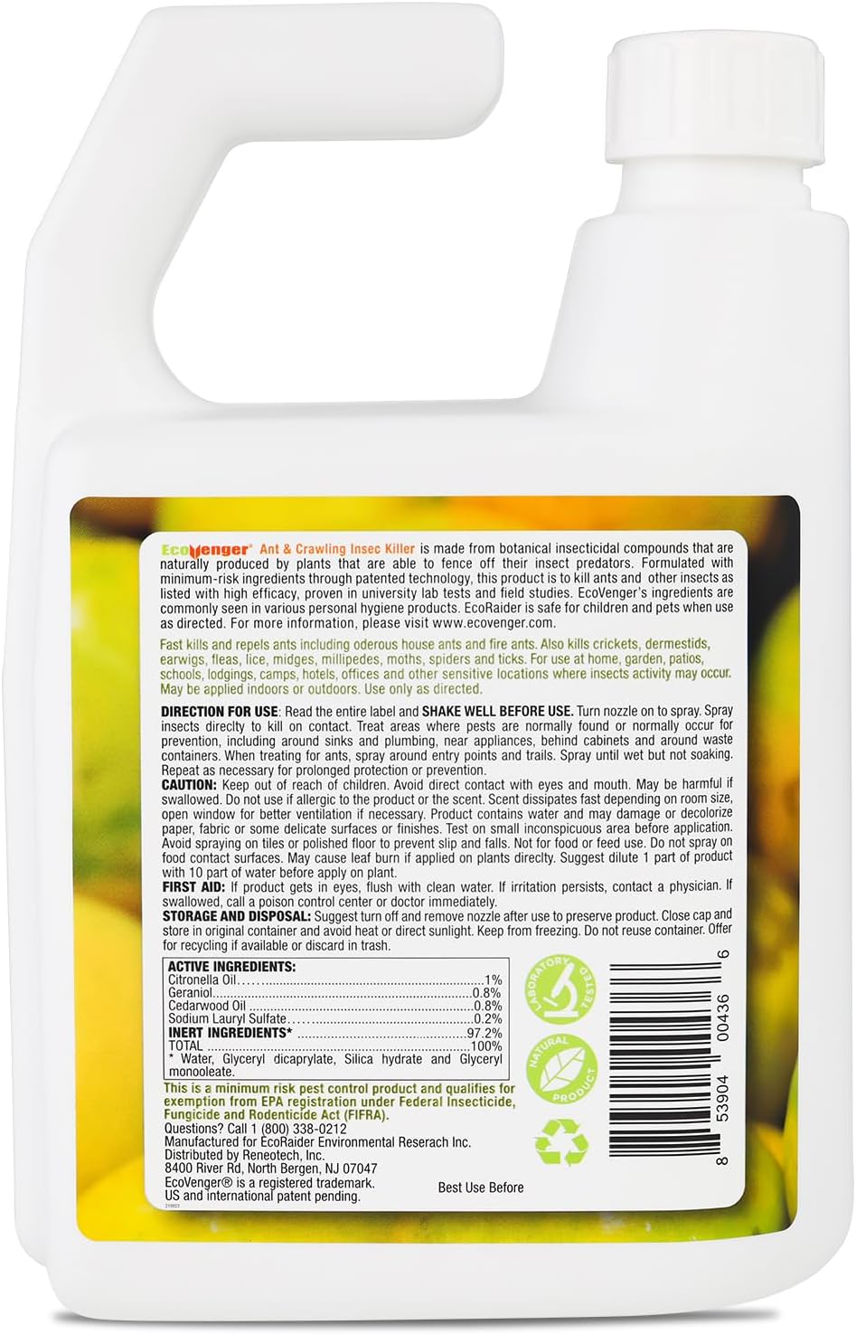 EcoRaider Ant & Crawling Insect Killer (34 OZ), 100% Fast Kills, Also Kills Fire Ants. Lasting Repellency, Safe for Children & Pets