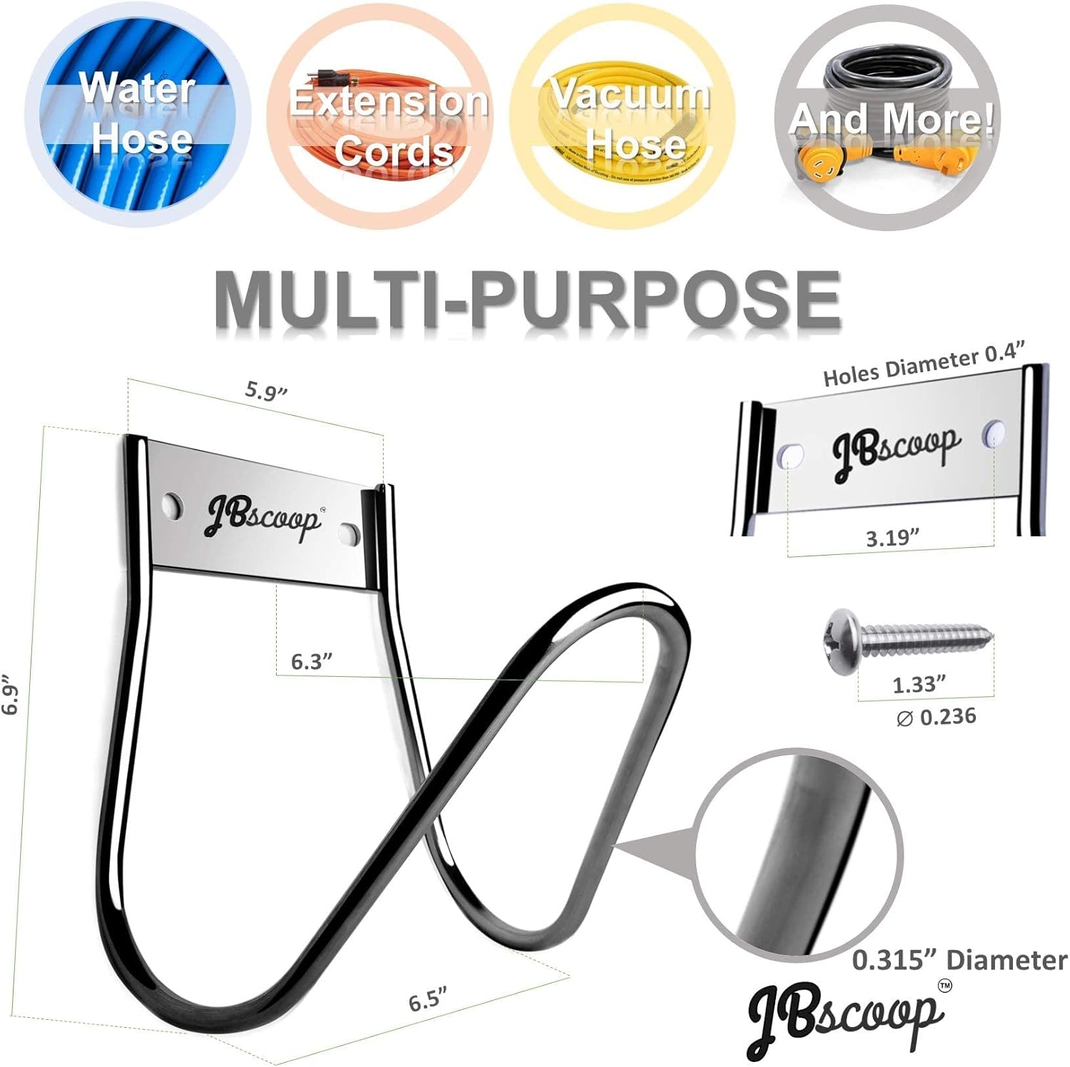 JBscoop Garden Hose Holder Stainless Steel Small Wall Mount Garden Hose Hook, Ideal for Water, Air, Hydraulic Hose, Ropes, Extension Cords Heavy Duty & Rust Proof, Size:6.3x7x6.3 Set of 1