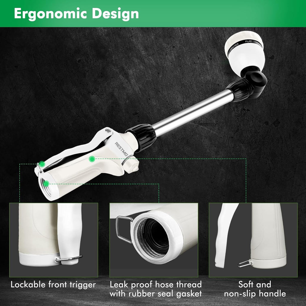 RESTMO Metal Watering Wand, Heavy Duty Garden Hose Wand with 180° Swivel Ratcheting Head, 16'' Hose Nozzle Sprayer with 7 Spray Patterns and Flow Control, for Water Hanging Baskets and Shrubs, White