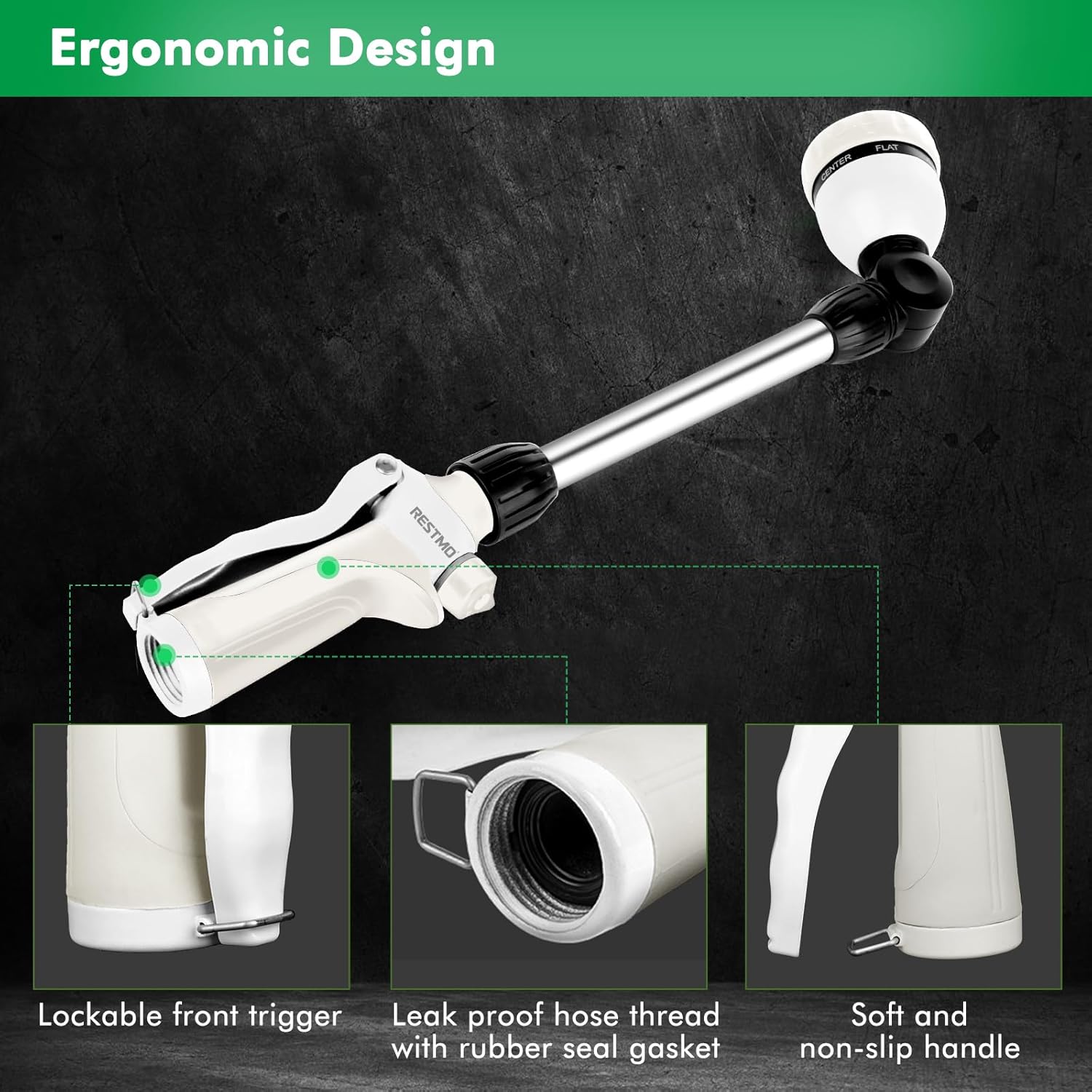 RESTMO Metal Watering Wand, Heavy Duty Garden Hose Wand with 180° Swivel Ratcheting Head, 16'' Hose Nozzle Sprayer with 7 Spray Patterns and Flow Control, for Water Hanging Baskets and Shrubs, White