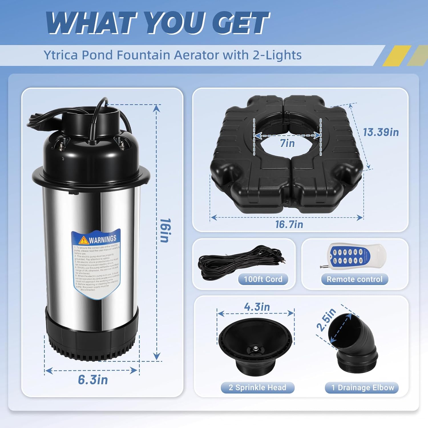 Pond Fountain Aerator with 2-Lights, 1HP 750W Dual Lights RGB LED Remote Control Floating Water Pump - Fit for Large Small Outdoor Ponds Lakes - 100 FT Power Cord 15000 GPH 110V-120V