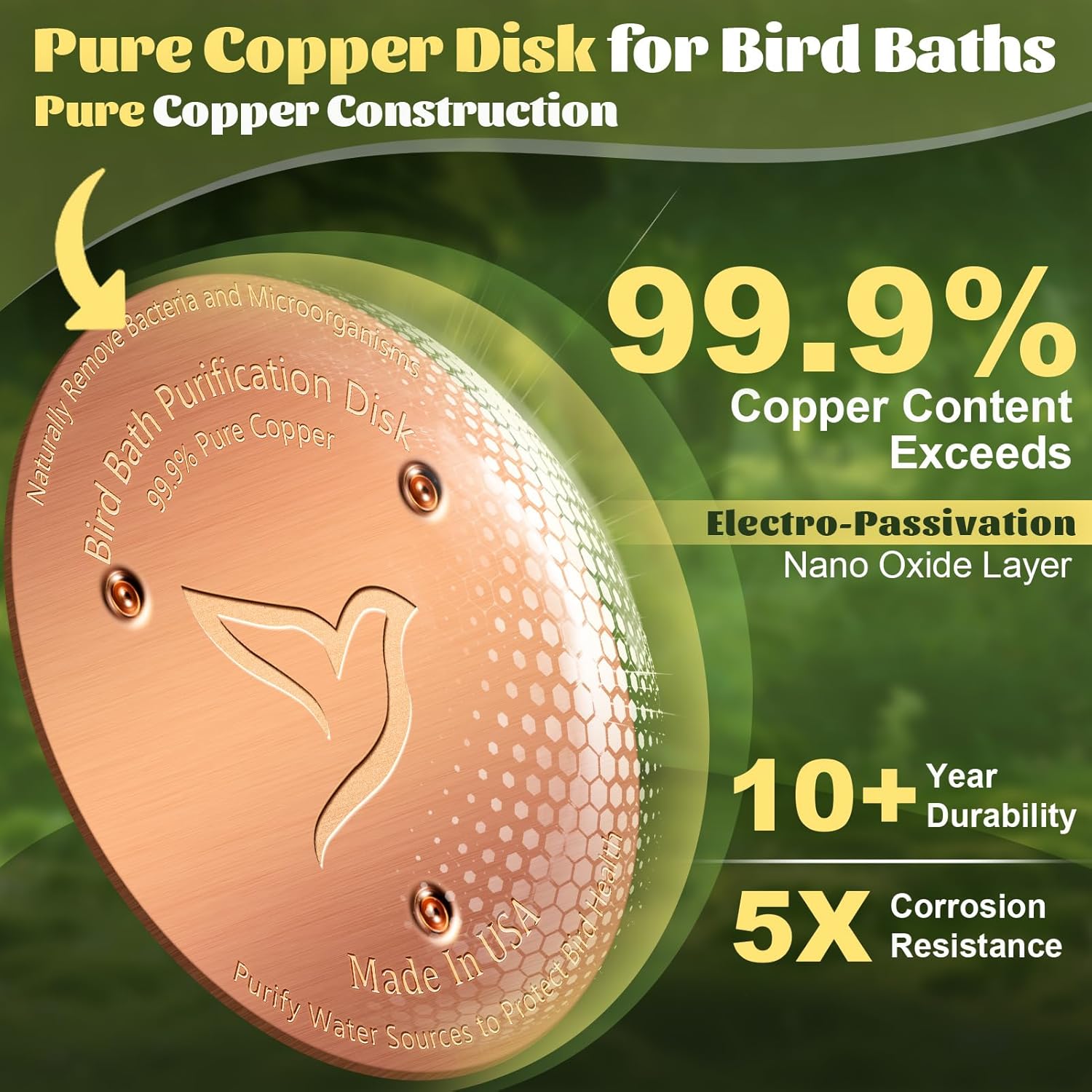 3PCS Bird Bath Copper Disk,1mm Thick Reinforced 99.99% Pure Copper Disc with Triple-Point Support,Bird Bath Accessories for Outside Birdbaths Bowls Physical Safe Water Cleaner for All-Season Use