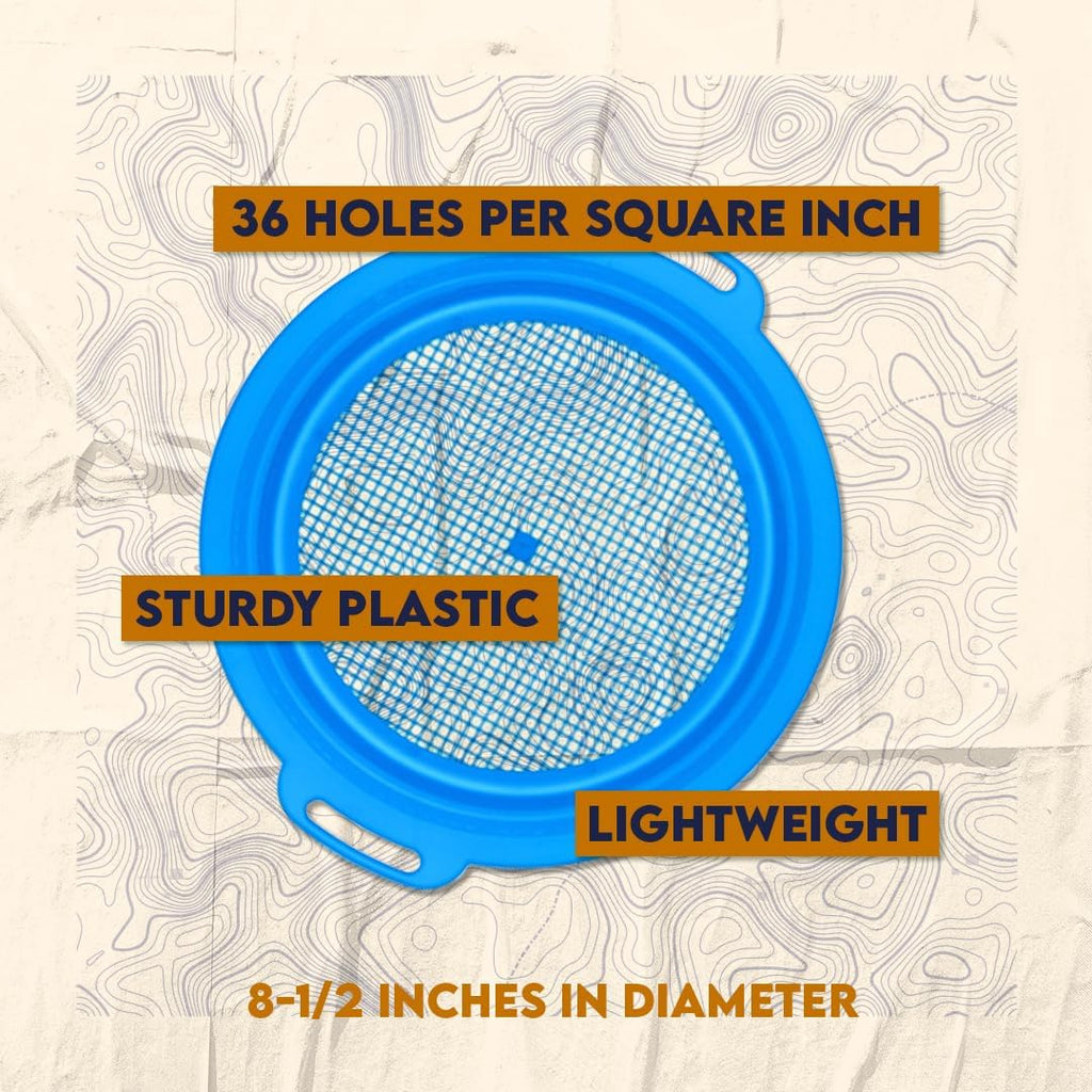 SE 6-Piece Set of 8.5" Plastic Sand Sifting Pans in a Mesh Bag, with 36 Holes Per Inch, in Red, Blue, and Green Colors