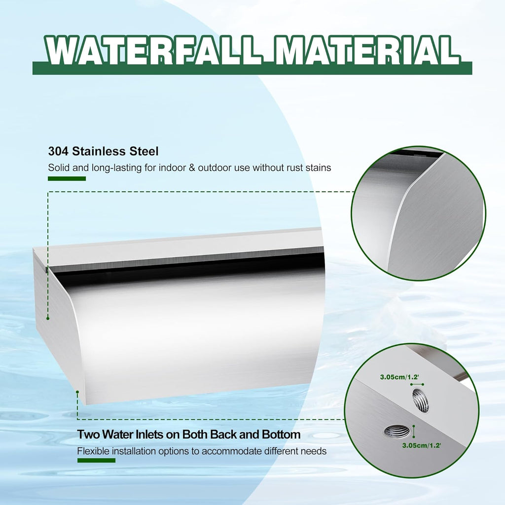 Pool Fountain Waterfall Spillway with Wider Water Flow Platform, Stainless Steel Waterfall with Pipe Connector Kits, Water Feature Spillway for Garden Decor, Patio, Ponds, 11.8"x11.8"x3.9
