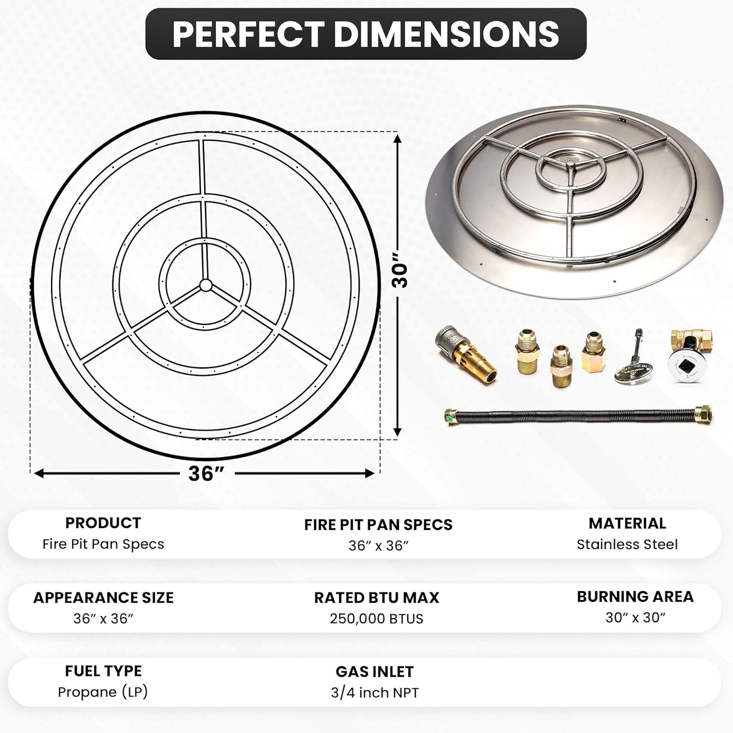 Fire Pit Burner Pan & Ring - Works with Liquid Propane - Stainless Steel Fire Pit Burner Kit 36-Inch Pan, 30-Inch Ring - 250,000 BTU Max