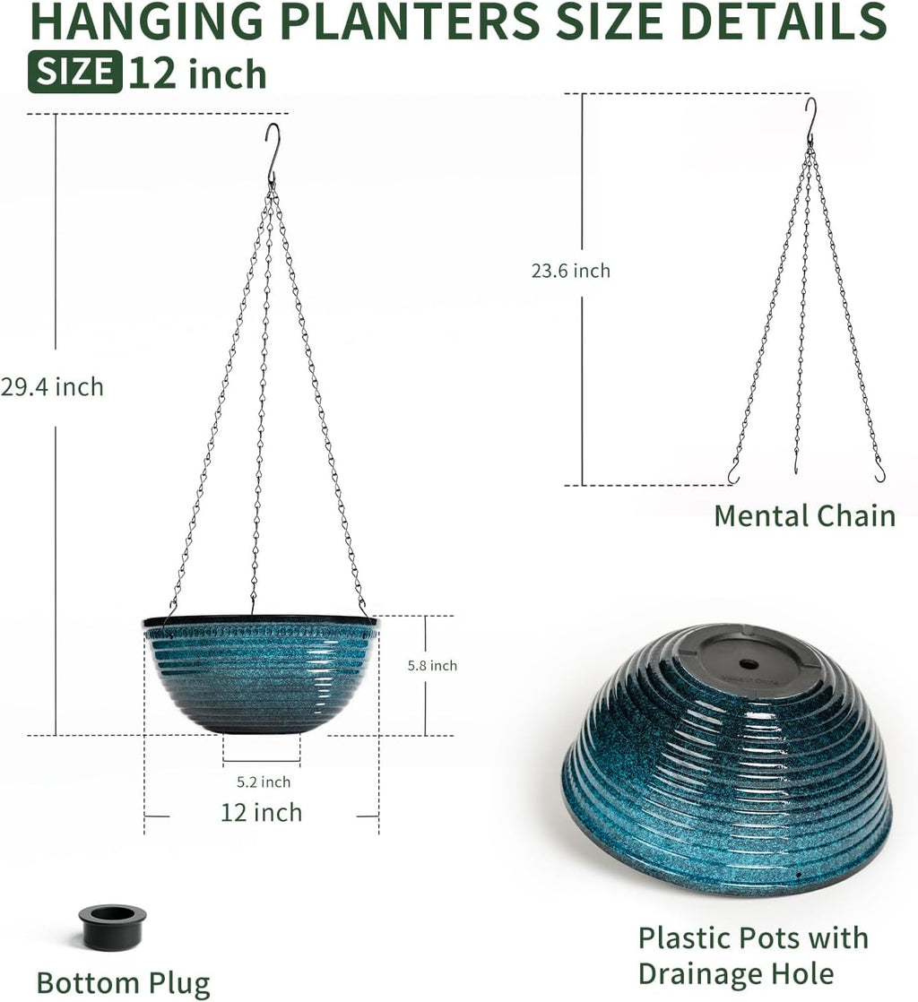 12 inch Large Hanging Planters for Indoor Outdoor Plants, Set of 2 Glazed Hanging Flower Pots with Drainage Hole, Hanging Baskets for Garden Home Porch Decor