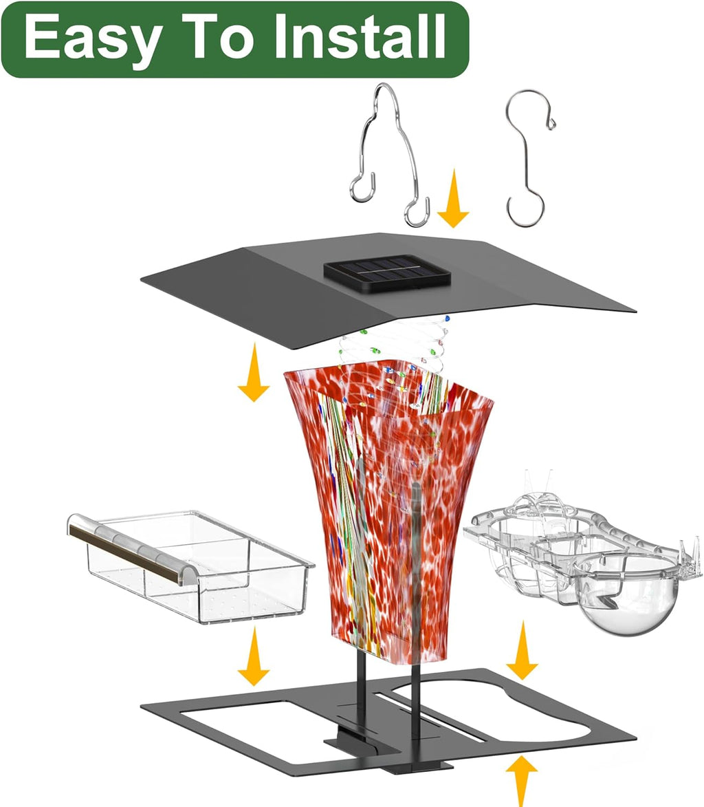 LUJII 6-in-1 Solar Bird Feeder with RGB String Lights, Hand Blown Glass, 2 Removable Trays for Bird Seed, Suet Ball, Mealworm, Oriole Orange Fruit, Jelly or Water, Red