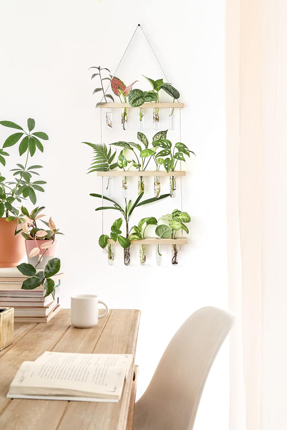 Mkono 3 Tiered Wall Hanging Plant Terrarium with Wooden Stand, Glass Planter for Hydroponic Plant Cutting, Home Garden Office Decor, Gift