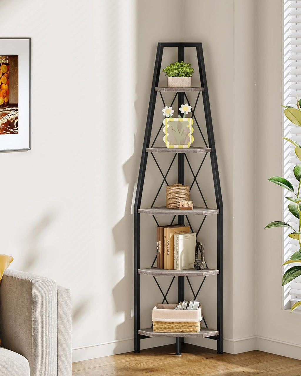 5-Tier Corner Shelf, Corner Bookshelf, Ladder Shelf, Floor Standing Storage Rack, Open Display Stand, Plant Stand, for Living Room, Bedroom, Study, Bathroom, Greige and Black TCJ22BG