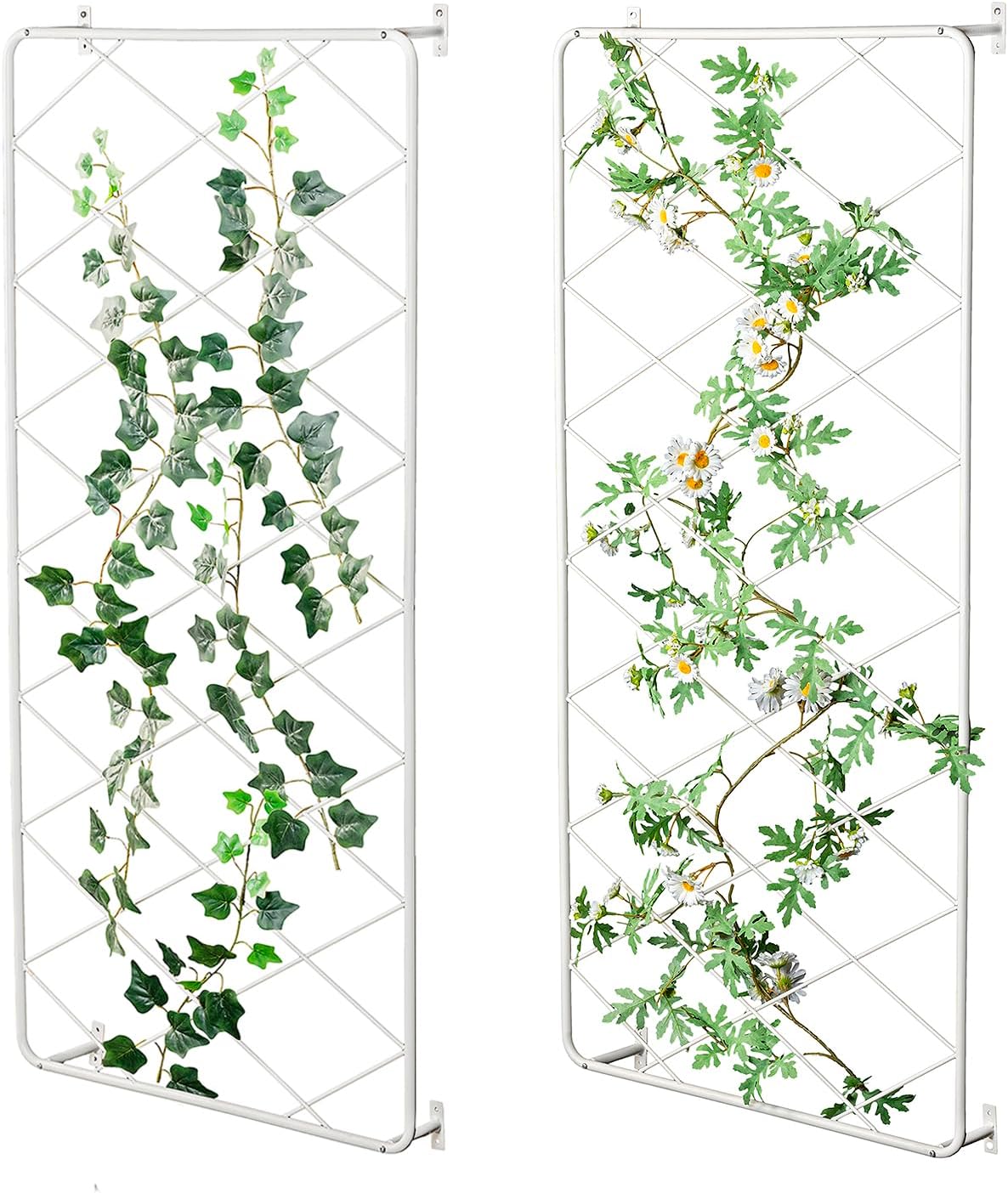 MyGift 50 by 24 Inch Wall Mounted Garden Trellis with White Metal Diamond Screen, Hanging Lattice Support Frame for Outdoor or Indoor Climbing Plant Vines, Set of 2 Panels