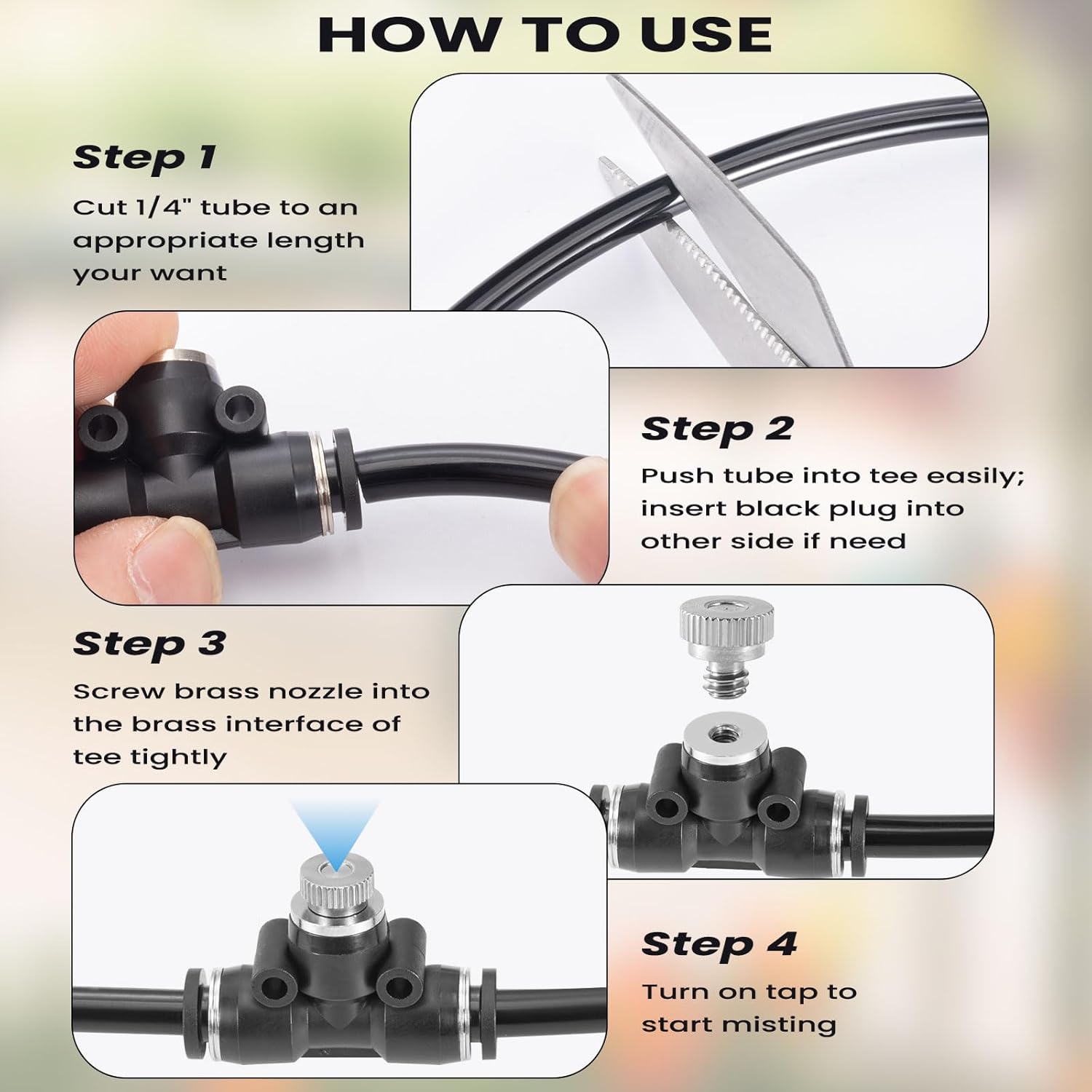 48 Pcs Brass Misting Nozzles Kit,0.012 Orifice (0.3 mm) 10/24 UNC Mister Nozzles 1/4 Inch Sliding Lock Tees for Outdoor Cooling System 20 Misting Tees,20 Spray Nozzles,4 Brass Plugs,4 Black Plugs