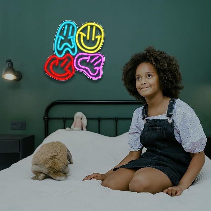 Smile Faces Neon Sign Led Colorful Distorted Happy Faces Neon Light Signs for Wall Decor Usb Light Up Signs for Kids Bedroom Aesthetic Preppy Room Decor Party Decoration Teens Gifts