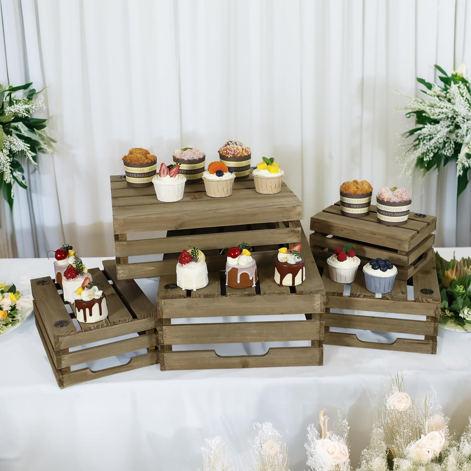 Large Wood Crates, Set of 5 Decorative Storage Box with Handles, Vintage Gray Farmhouse Wooden Crates for Decor, Wedding Birthday Home Party Living Room Kitchen Decoration