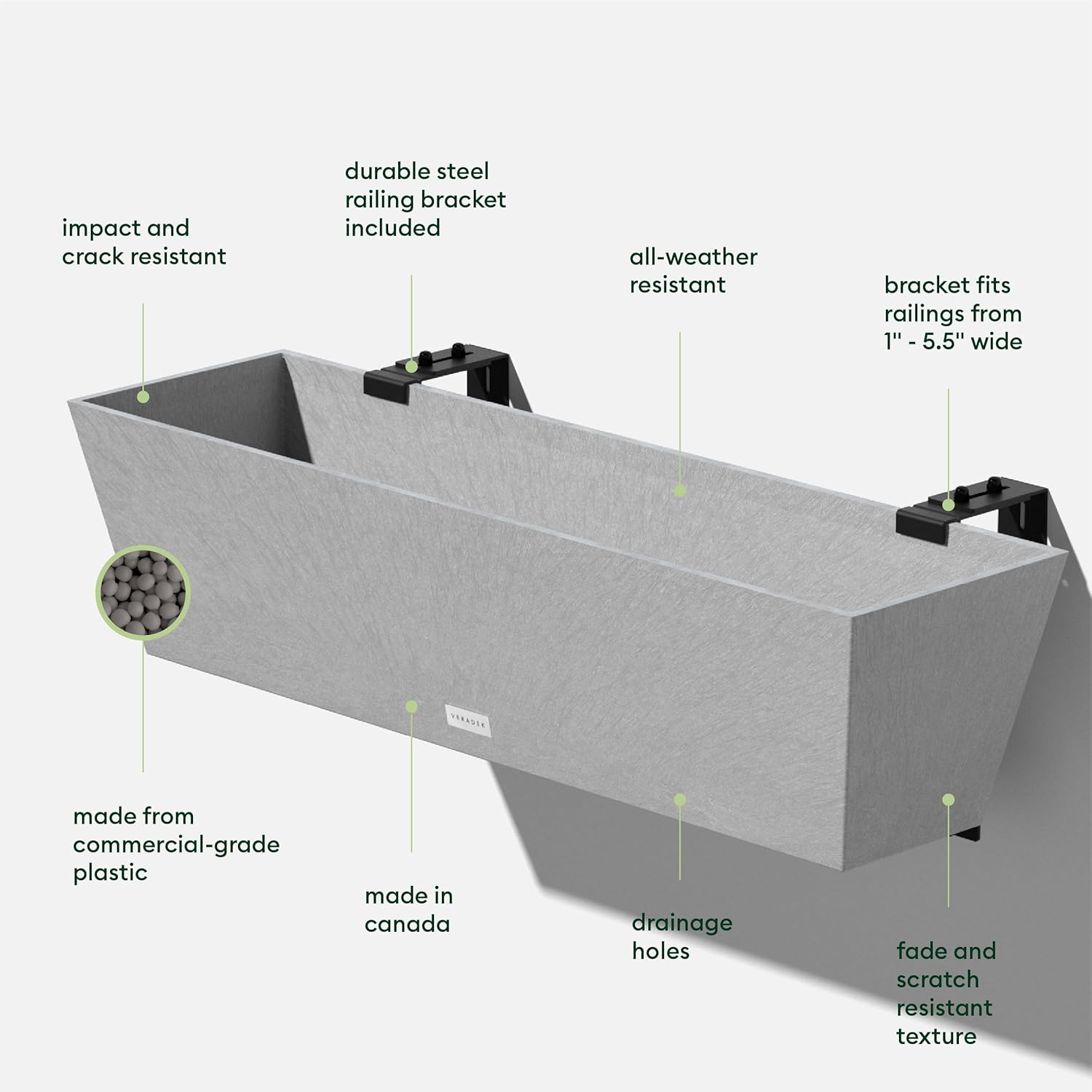 Veradek Pure Series Railing Planter - Plastic Hanging Planter for Outdoor Balcony/Fence | Durable All-Weather Use with Adjustable Brackets | Modern Décor for Flowers, Succulents, Hanging Plants