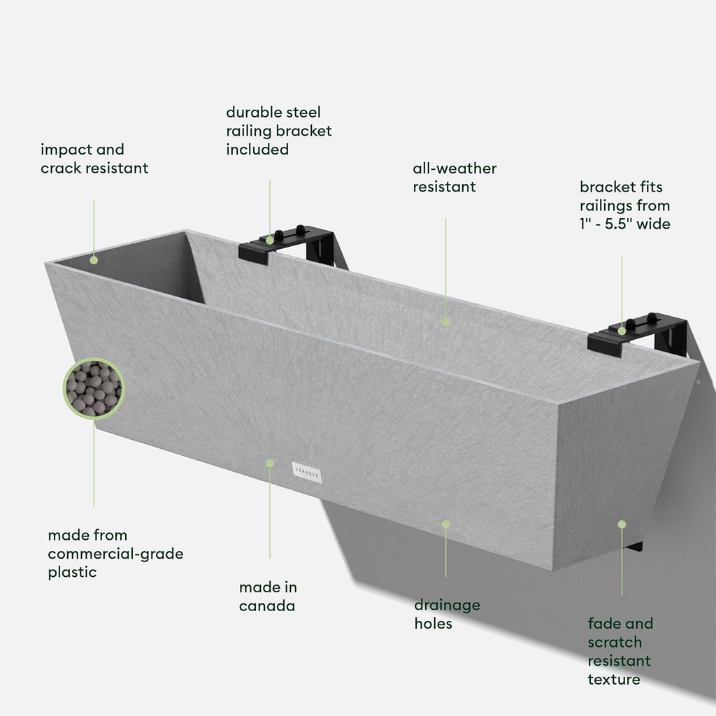 Veradek Pure Series Railing Planter - Plastic Hanging Planter for Outdoor Balcony/Fence | Durable All-Weather Use with Adjustable Brackets | Modern Décor for Flowers, Succulents, Hanging Plants