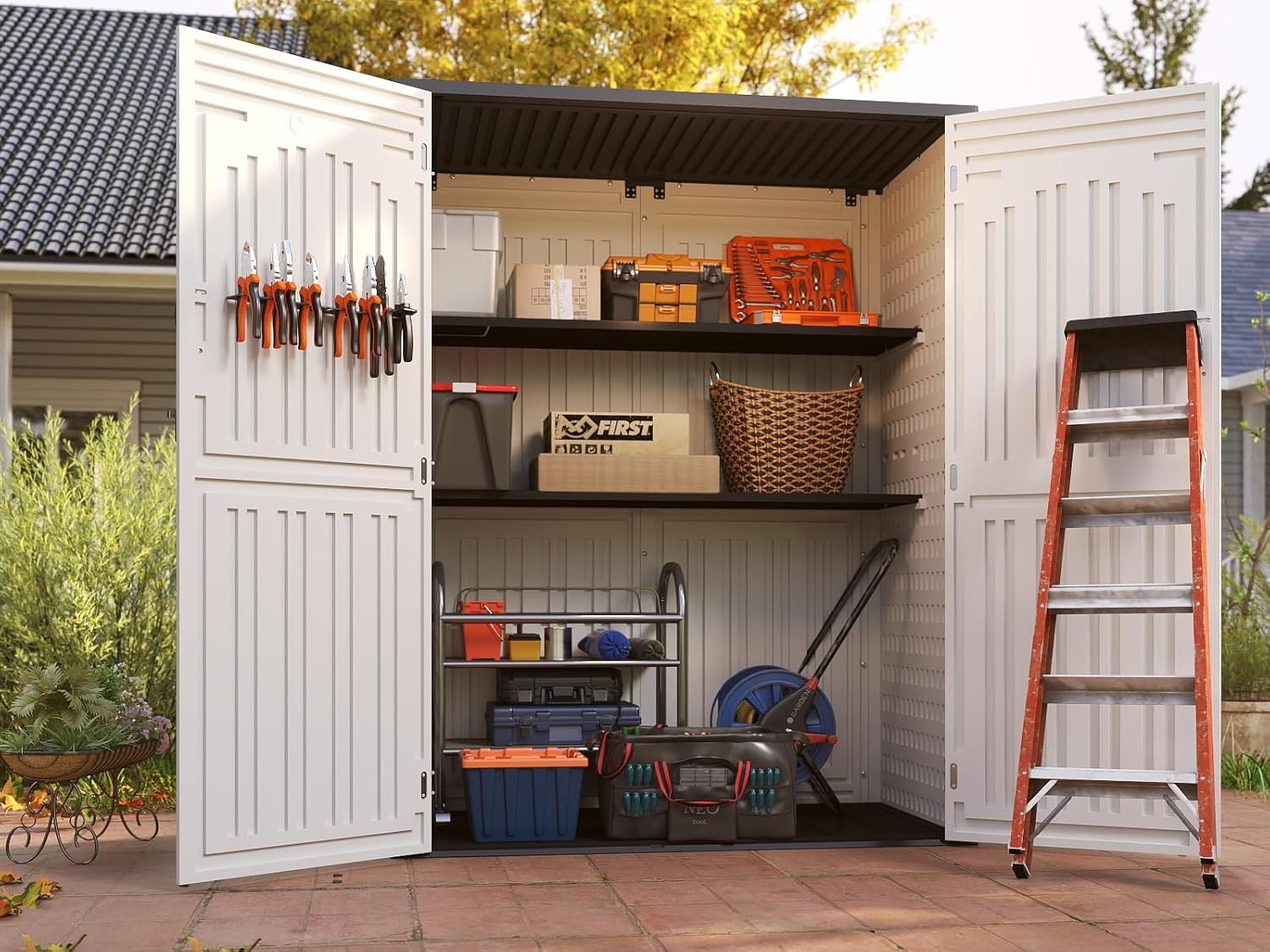 Vertical Resin Storage Shed, 60 Cuft Garden Tool Sheds & Outdoor Storage, Plastic Outdoor Storage Cabinet Waterproof, 4.5 x 2.3 ft Backyard Outside Lawn Mower Storage Shed, White
