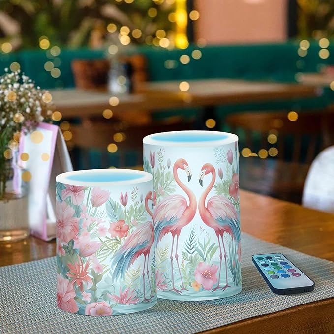Flickering Flameless Candles, Pink Flamingo Print LED Candles with Remote Timer, Set of 2 Battery Operated Candle for Valentine Wedding Birthday