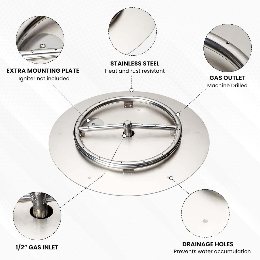 Fire Pit Burner Pan & Ring - Works with Natural Gas - Stainless Steel Fire Pit Burner Kit 18-Inch Pan, 12-Inch Ring - 90,000 BTU Max