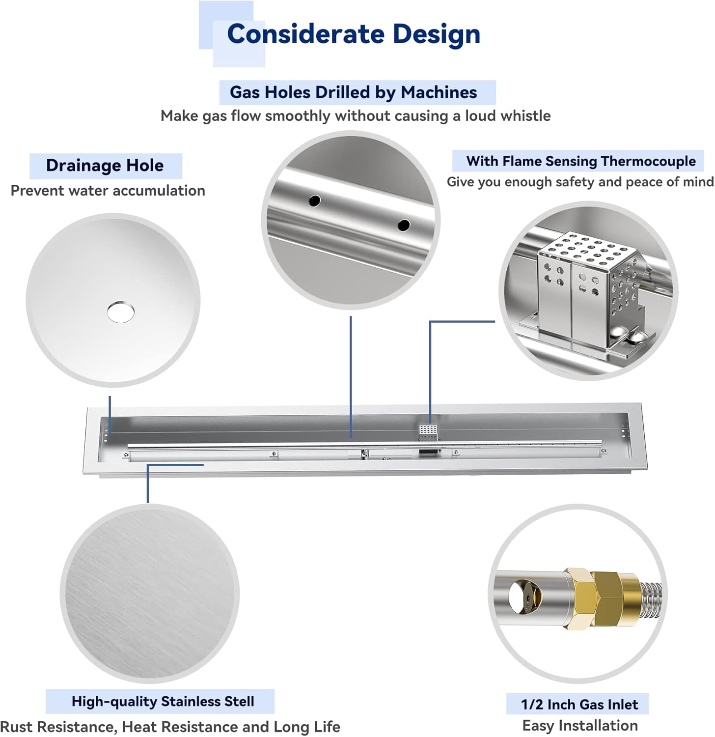 Skyflame Spark Ignition Gas Fire Pit Burner Kit, 48" Linear Stainless Steel Complete Drop-in Burner Kit with Flame Sensing, CSA Certified, Propane Regulator Connector Hose Set for Propane Tank