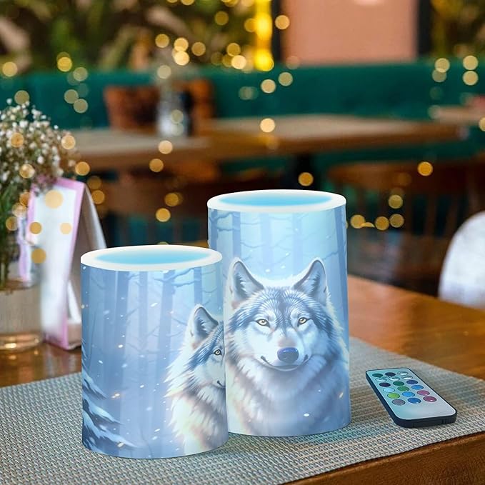 Flickering Flameless Candles, Wolf Winter Forest LED Candles with Remote Timer, Set of 2 Battery Operated Candle for Valentine Wedding Birthday