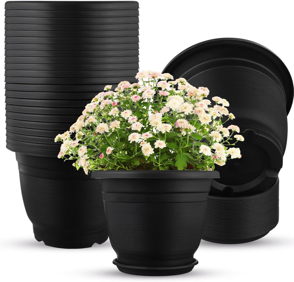 12 Pack 10'' Plastic Plant Pots Round Planter Pots with Saucer Tray Seedling Pot Hole Seed Resin Plant Pot Starting Nursery Flower Container with Pallet for Garden Outdoor Indoor(Black)