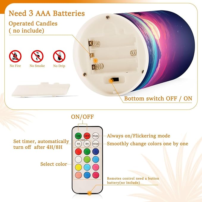 Flickering Flameless Candles, Palm Tree Beach Tropical LED Candles with Remote Timer, Set of 2 Battery Operated Candle for Valentine Wedding Birthday