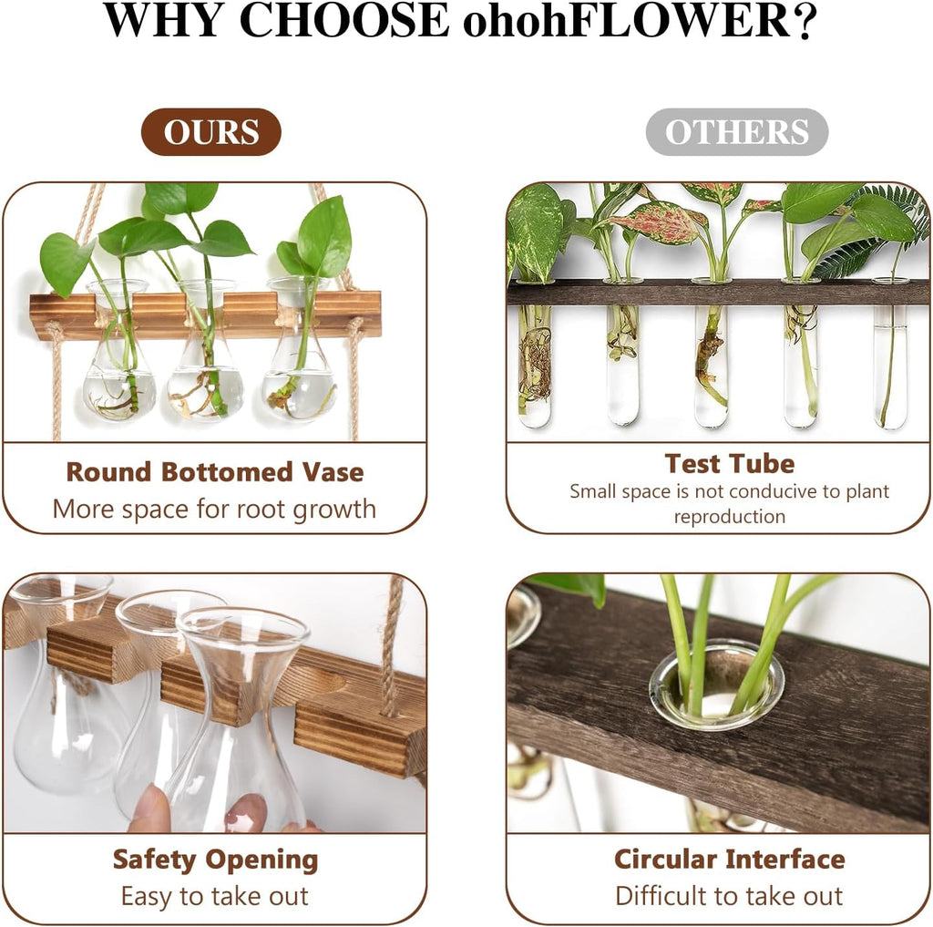 3 Tiered Plant Propagation Station - Wall Hanging Terrarium with Wooden Stand Indoor 9 Teardrop Vase Glass Planter for Hydroponic Plants Cutting Flower Plant Lover Gift