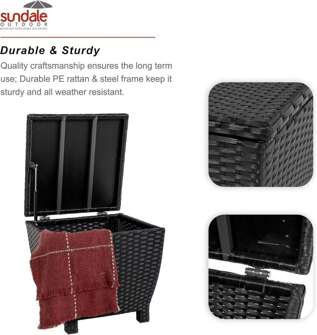 Sundale Outdoor Small Deck Storage Box with Lid, 13 Gallon Small Outdoor Bin Storage Container for Hose Cushions Towels, Patio Black Side Wicker Table with Storage-Steel, Rattan, Square