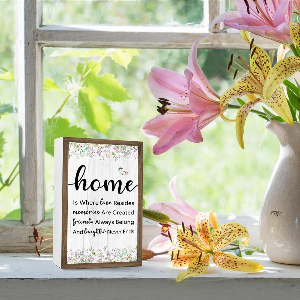 Home is Where Love Resides Memories Are Created Wooden Box Sign Desk Decor,Family Saying Wood Block Sign for Home Farmhouse Bedroom Shelf Tabletop Wall Decor