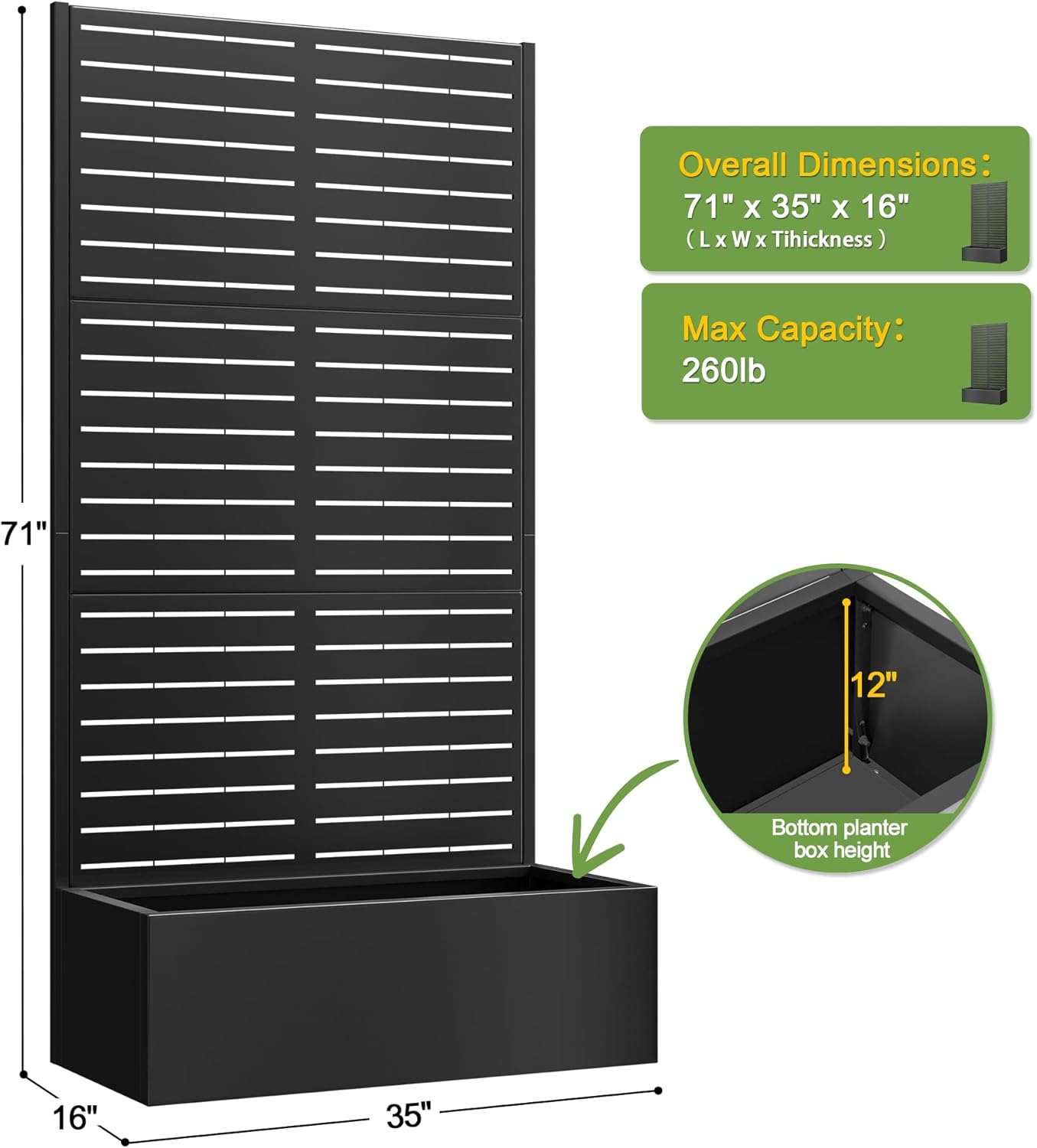 FENCY Metal Raised Garden Bed with Trellis, Metal Planter Box with Trellis, Garden Box for Climbing Plants Vegetable, 35" Lx16 Wx71 H Garden Bed with Drainage Holes(Black-Louvered)