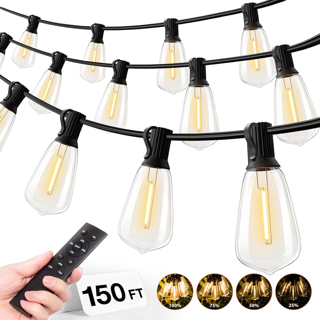 addlon 150 FT (3x50FT) Outdoor String Lights with Remote,Waterproof Patio Lights ETL Listed with 45+3 Shatterproof Dimmable ST38 LED Bulbs,2700K Connectable Outdoor Lighting for Backyard Bistro Garden