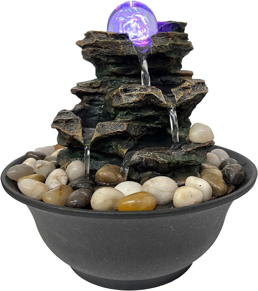 Rock Cascading Tabletop Fountain with Spinning Ball, Zen Meditation Indoor Waterfall Feature with LED Light for Home Office Bedroom