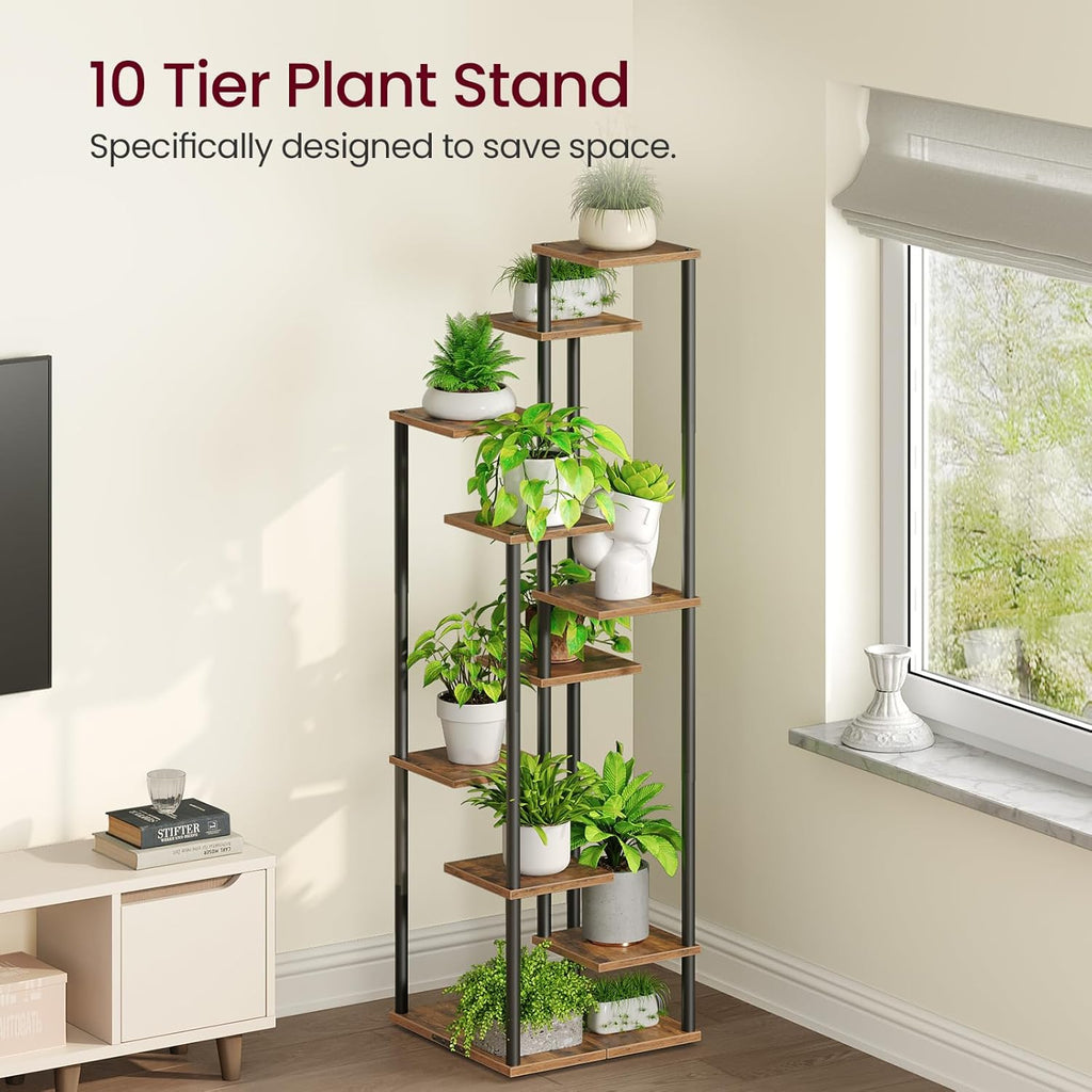 10 Tier Plant Stand Indoor, Tiered Corner Plant Shelf Flower Stand for Living Room, Balcony, Patio, Garden, Rustic Brown and Black