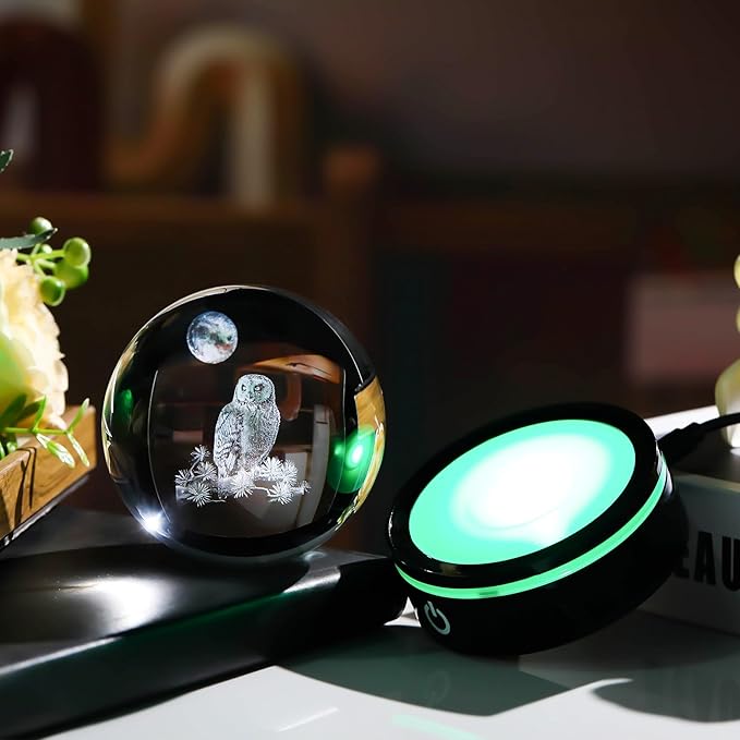 YWHL 3D Owl Figurine Crystal Ball With Colorful Light Base, Gifts for Women Men Lovers on Christmas Birthday, Laser Engraved Sphere Glass Ball for Home Office Decoration (80mm)