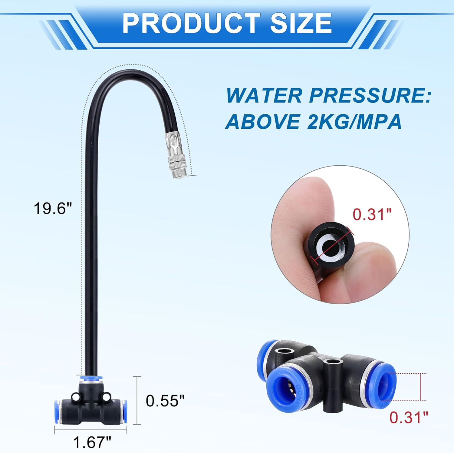 Mornajina 5 Packs Brass Misting Nozzles Tee with 20 inch Built in Hose for Outside Misting System, Adjustable 360° Rotation, Water Mister Nozzles Thread Sprayer 0.043" (1.1 mm)