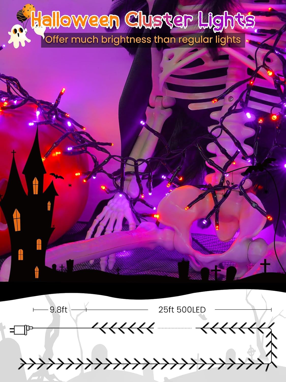 500 LED Orange and Purple Halloween Lights Plug in, Dimmable Twinkle Lights with Remote 8 Modes and Timer, 25FT Waterproof Fairy String Light for Indoor Outdoor Horror Party Tree Decorations