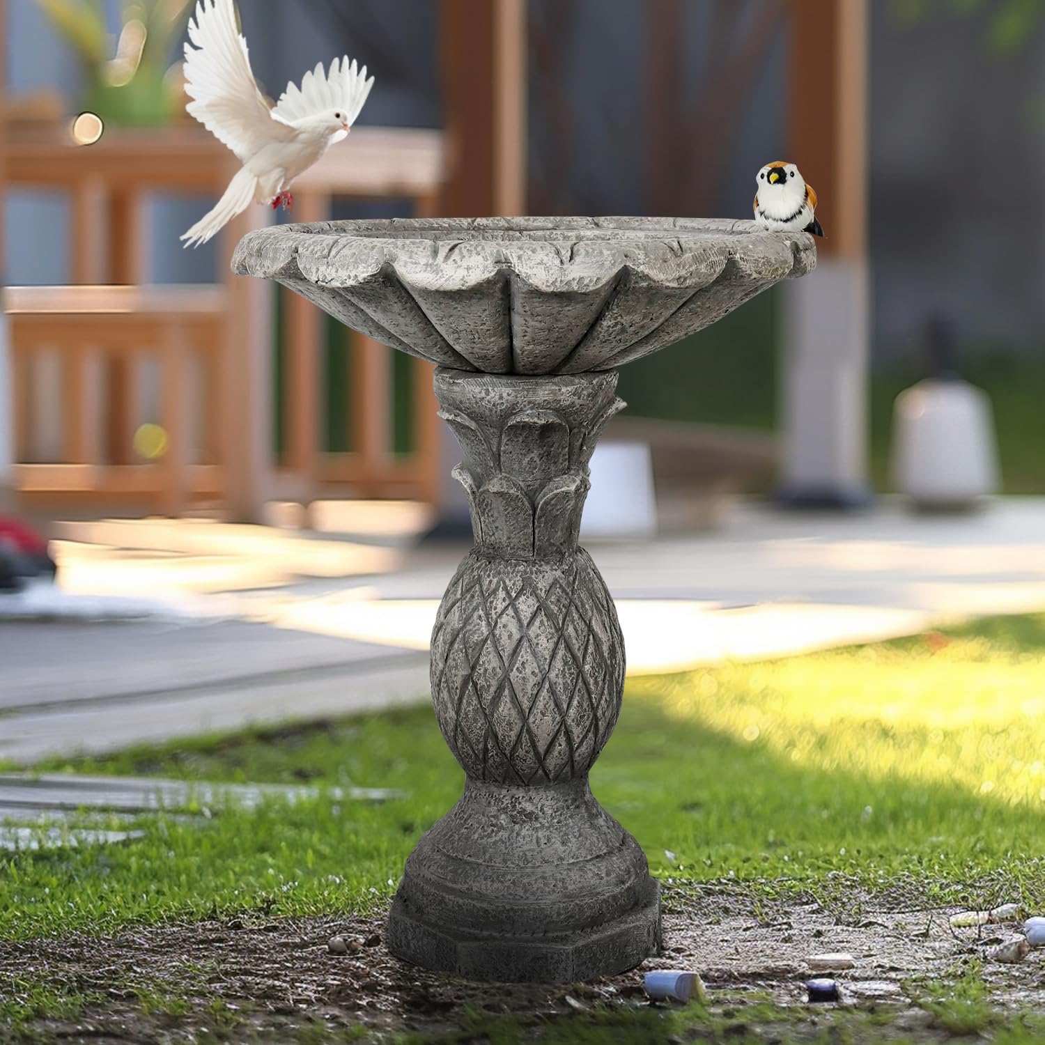 watnature 24.8" H Cement Modern Outdoor Bird Bath - Fibre Reinforced Concrete Bird Baths for Garden, Large Size Elegant Carved Garden Birdbaths with Pedestal for Patio, Backyard, Lawn Decor