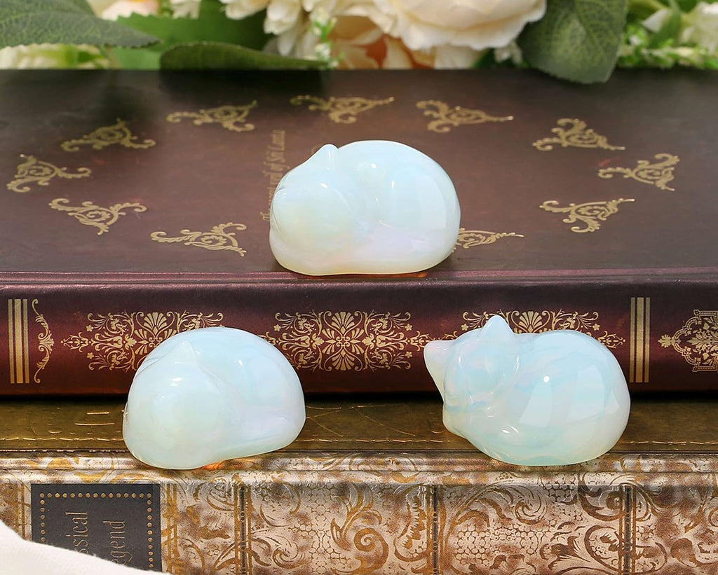 LAIDANLA Opal Sleeping Cat Statue Healing Crystals Moonstones Hand Carved Cute Kitten Figurine Sculpture 1.6" Opalite White Gemstone Decor Polished Stone Reiki Office Desk Home Decoration Gifts