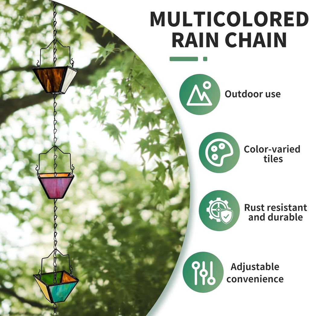 Rain Chain Set 8.5FT,Handmade Pure Copper Inlaid Stained Glass Vintage Style, Rain Chains for Drains to Divert Water & Home Display, Garden Decoration (Mutil col)