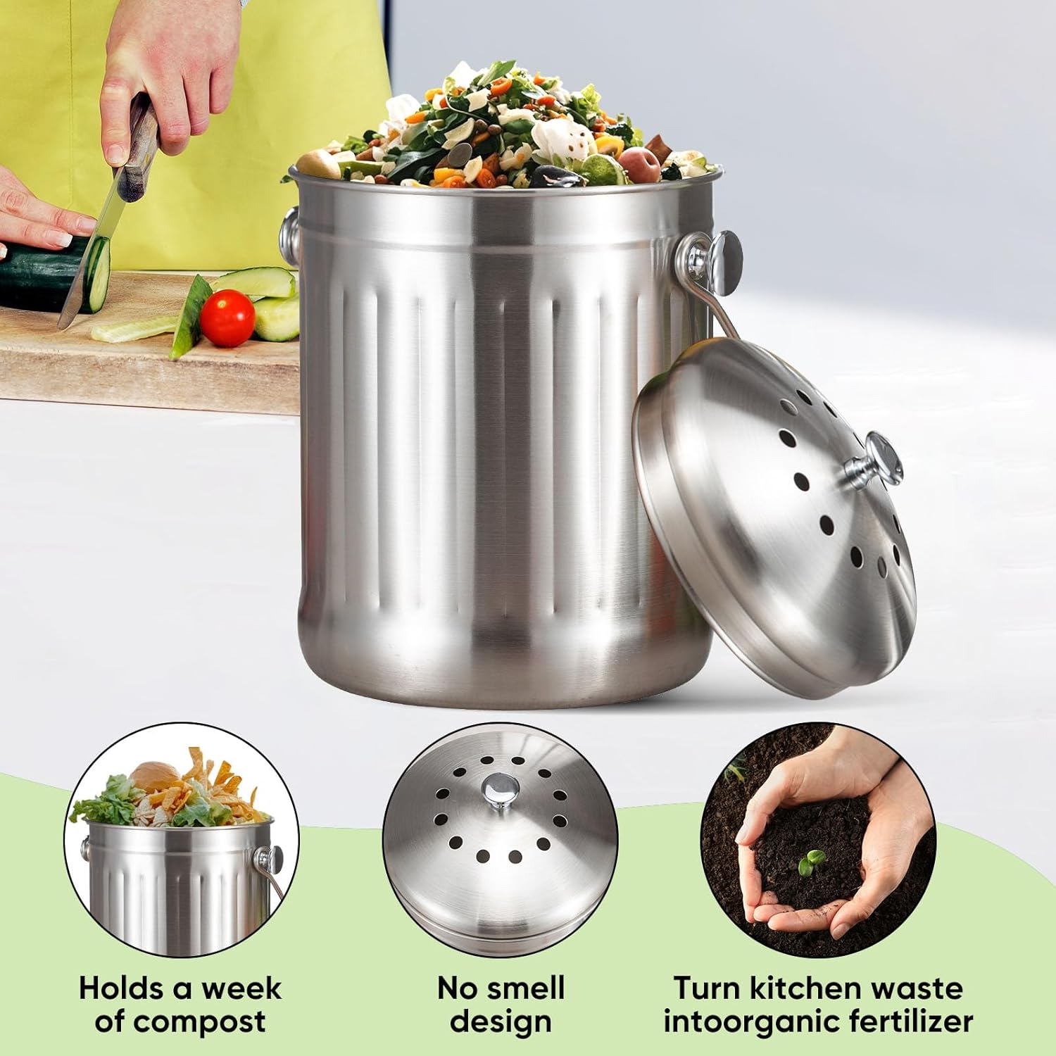 1.3 Gallon 5L Stainless Steel Compost Bin Countertop Compost Bucket Under Sink Kitchen Trash Can Composting Bucket Garbage Bin Poubelle Cuisine with Lid Charcoal Filter Indoor Silver