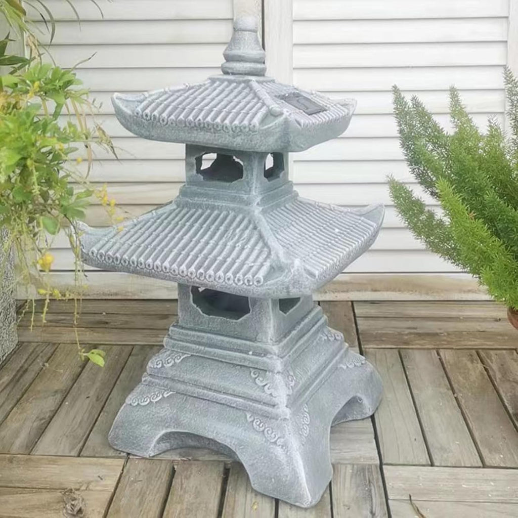Outdoor Solar Pagoda Lantern,2 Tier Pagoda Lantern Garden Statue,Zen Garden Lantern Pagoda,Pagoda Lantern Japanese Style. for Zen Lawn Garden Decoration and Christmas Ornament (Solar Lights)