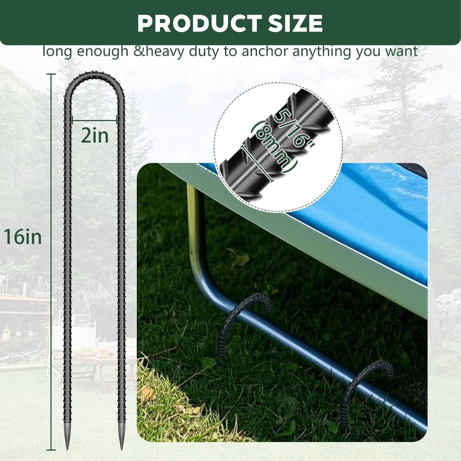 10 PCS Trampoline Stakes Anchors High Wind Heavy Duty,U Shaped Garden Hooks Stakes for Ground,Trampoline Tie Downs Anchor Kit,Bounce Horseshoe House Stake,Rebar Camping Tent Stakes,16 Inch Long Black